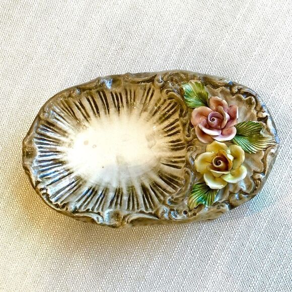Vintage Capodimonte Oval Dish Ornatr Basket Weave Roses Trinket Candy Dish 9x5.5 - Picture 4 of 16